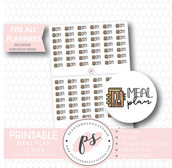 Meal Plan Script & Icon Digital Printable Planner Stickers | JPG/PDF/Free Cut File | Bujo Bullet Journal