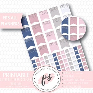 May include: Printable planner stickers with silver glitter speck flags in pink, gray, and blue colors. The text "Printable Silverglitter Specks Flags "Sparkles" Instant Download" is on the left side of the image. The text "JPEG FILE, PDF FILE, CRICUT PNG FILE, SILHOUETTE CUT FILE, INSTRUCTIONS" is on the right side of the image.