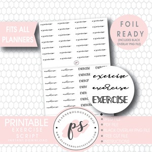 Exercise Script Foil Ready Digital Printable Planner Stickers | JPG/PDF/Free Cut File/Black Overlay | Bujo Bullet Journal