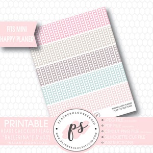 以下が含まれることがあります： ピンク、ベージュ、パープル、ブルーの印刷可能なハートチェックリストフラッグ。白いハートが描かれています。フラッグは1.5インチ×0.3インチで、「バレリーナ」とラベル付けされています。