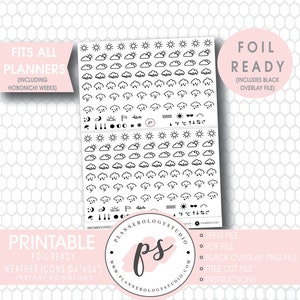 Weather Icons | Foil Ready Digital Printable Planner Stickers | JPG/PDF/Free Cut File/Black Overlay | Hobonichi Weeks Bujo Style
