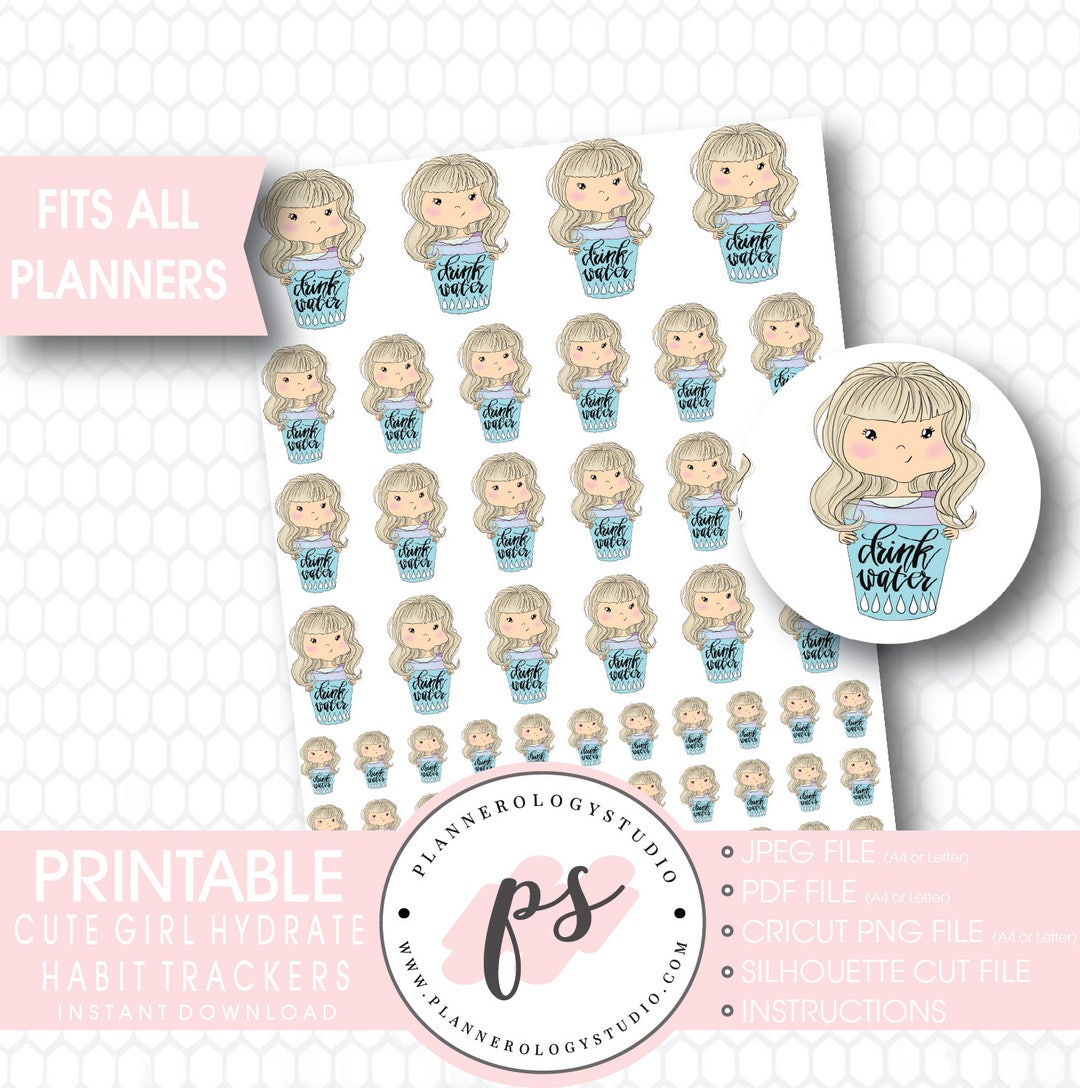Cute Girl Hydrate Water Habit Tracker Printable Planner Stickers Jpg ...