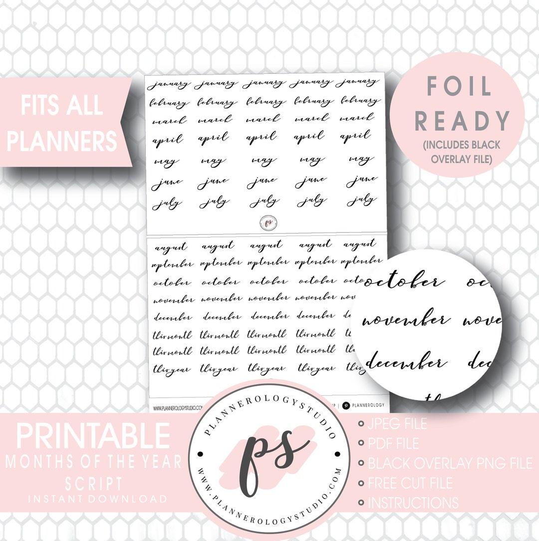 Months of the Year Script Foil Ready Digital Printable Planner Stickers ...