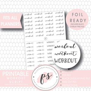 Workout Script Foil Ready Digital Printable Planner Stickers | JPG/PDF/Free Cut File/Black Overlay | Bujo Bullet Journal