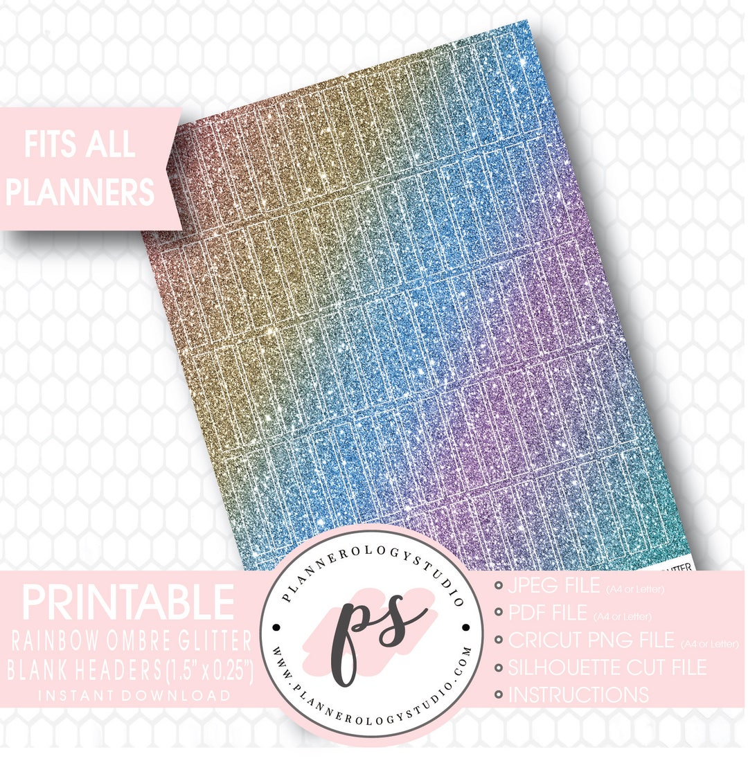 Rainbow Ombre Glitter Blank Header Printable Planner Stickers | Jpg/png ...