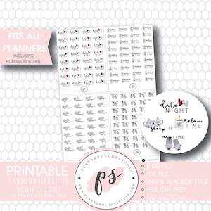 Puede incluir: Pegatinas imprimibles para planificadores con una variedad de diseños, que incluyen "Late Night", "Sleep In", "Nap Time" y "Relax Time". Las pegatinas son en un esquema de color gris y blanco con corazones rojos y un gráfico de vela.