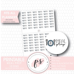 May include: Printable meal prep icons for planners. The icons feature a clock, fork, and knife with the text "Meal Prep". The icons are in black and white and are designed to fit all planners, including Hobonichi Weeks.