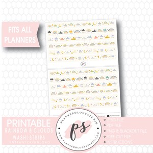 May include: Printable rainbow and cloud washi tape strips for planners. The design features rainbows, clouds, stars, and moons in a variety of colors. The text "Printable Rainbow & Clouds Washi Strips Instant Download" is at the bottom of the image.