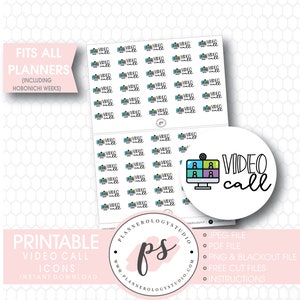 Può includere: Icone di videochiamata stampabili per planner. Le icone mostrano uno schermo di computer con più persone in videochiamata. Le icone sono di vari colori, tra cui blu, verde, rosa e giallo. Le icone sono disposte in uno schema a griglia su uno sfondo bianco. Il testo "VIDEO call" è scritto in nero su un cerchio bianco.