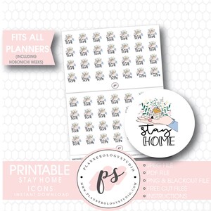 Stay Home Script & Icon Foil Ready Digital Printable Planner Stickers | JPG/PDF/Free Cut File/Black Overlay | Bujo Bullet Journal