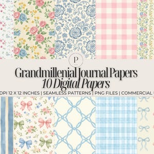 May include: Ten digital papers with a range of patterns, such as floral, gingham, and striped designs. Each paper measures 30.48 x 30.48 cm and has a vintage aesthetic. The text "Grandmillenial Journal Papers" is displayed prominently.