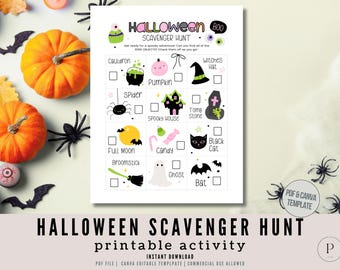 Utskrivbar Halloween-skattjakt | Halloween-festspel | Halloween-ledtrådsaktiviteter | Roliga familjespelidéer för barn | PDF Canva