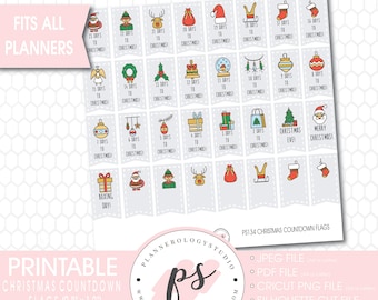 May include: A sheet of printable Christmas countdown flag stickers featuring colorful holiday icons and text counting down from 25 days to Christmas, including Boxing Day. The sheet includes a pink banner labeled FITS ALL PLANNERS.