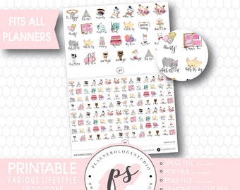 May include: Printable planner stickers with various lifestyle to-do icons. The stickers are in a variety of colors and feature illustrations of everyday activities, such as shopping, eating, and relaxing. The stickers are designed to fit all planners and are available for instant download.