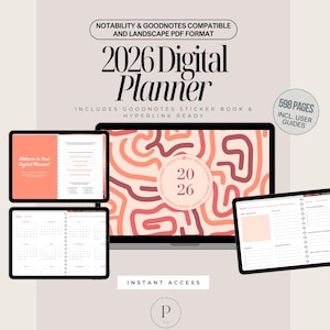 Puede incluir: Planificador digital para 2026, compatible con Notability y Goodnotes, en formato PDF horizontal. Incluye un libro de pegatinas y está listo para hipervínculos. El diseño presenta una estética moderna con una paleta de colores neutros y el texto "2026 Digital Planner".