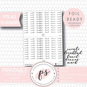 Może przedstawiać: Drukowane naklejki do planera z napisami "posiłki", "śniadanie", "obiad", "kolacja" i "przekąska" w odręcznym stylu pisma. Naklejki są zaprojektowane tak, aby pasowały do wszystkich planerów i są gotowe do foliowania. Obraz zawiera również plik nakładki w kolorze czarnym.