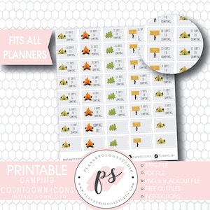 Camping Countdown Planner Icons Digital Printable Planner Stickers JPG/PDF/Free Cut File/Blackout Files image 1