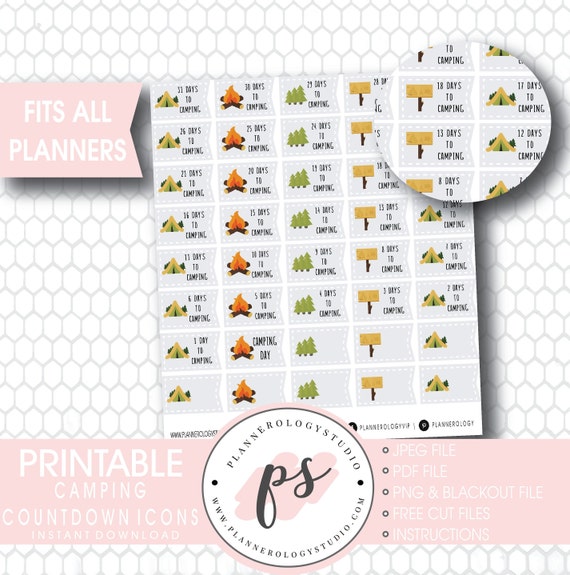 Camping Countdown Planner Icons Digital Printable Planner Stickers Jpg Pdf Free Cut File Blackout Files