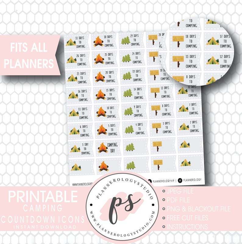 Camping Countdown Planner Icons Digital Printable Planner Stickers JPG/PDF/Free Cut File/Blackout Files image 1