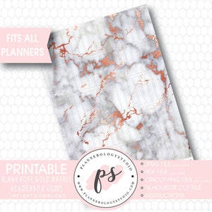 May include: Printable planner stickers featuring a rose gold marble design. The stickers are 1.5 inches by 0.25 inches and are perfect for adding a touch of elegance to your planner.