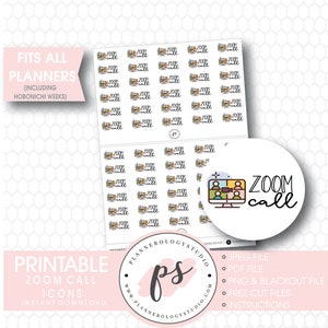 May include: Printable Zoom call icons for planners. The icons are small and feature a cartoon image of a computer screen with people on a video call. The text "Zoom call" is written below the image. The icons are available in JPEG, PDF, PNG, and blackout file formats. Free cut files and instructions are also included.