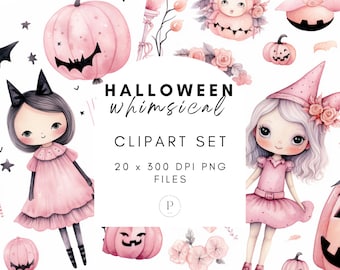 Pastel Pink Halloween Whimsical Watercolor Clipart Images | 20 PNG 300 DPI Bundle | Digital Download | Full Commercial Use Allowed