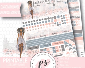 Fashionista (Dark Skin Tone) January 2018 Monthly View Kit Printable Planner Stickers (for Classic Happy Planner) (JPG/PDF/Silhouette File)