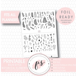 Könnte beinhalten: Druckbare botanische Elemente in Schwarzweiß im Bujo-Stil. Das Bild zeigt zwei Blätter mit verschiedenen Blättern, Blumen und Stielen. Der Text "FITS ALL PLANNERS" und "FOIL READY (INCLUDES BLACK OVERLAY FILE)" ist sichtbar. Der Text "PRINTABLE BUJO STYLE BOTANICAL ELEMENTS INSTANT DOWNLOAD" ist ebenfalls sichtbar.