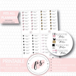May include: Printable planner stickers featuring manicure and pedicure time icons. The stickers are pink, black and gold with nail polish bottles and hearts. The text "Manicure Time" and "Pedicure Time" is included on the stickers.