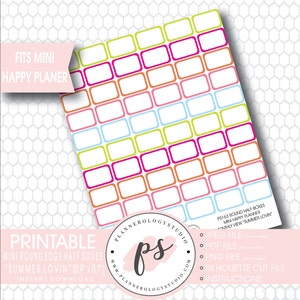 Puede incluir: Pegatinas imprimibles para planificador con bordes redondeados. Las pegatinas están en un patrón de cuadrícula con colores alternos de verde, rosa, naranja y azul. Las pegatinas están diseñadas para adaptarse a un mini planificador feliz. El texto "PS163 ROUND HALF-BOXES MINI HAPPY PLANNER MONTHLY VIEW "SUMMER LOVIN'" está impreso en la parte inferior de la imagen.