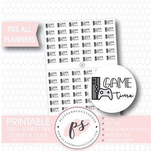 May include: Printable planner stickers featuring a black and white illustration of a video game console and controller with the text "GAME time". The stickers are designed for use with any planner.