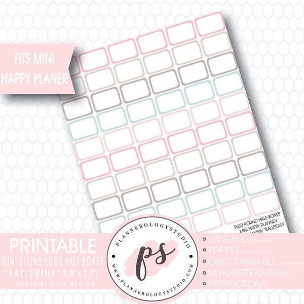 Mini Round Edge Half Boxes Printable Planner Stickers | For Mini Happy Planner Monthly View | Ballerina | JPG/PNG/Silhouette Cut Files