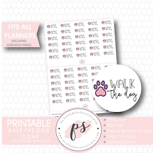 May include: Printable planner stickers with a paw print and the text "Walk the Dog" in purple and pink. The stickers are designed to fit all planners, including Hobonichi Weeks.