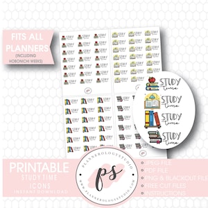 May include: Printable study time icons for planners. The icons feature a stack of books, a lamp, and a red apple. The text "Study Time" is repeated four times in a circle around the icons. The icons are available in JPEG, PDF, PNG, and blackout file formats.