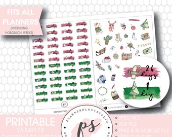 May include: Printable Christmas countdown stickers with a green and pink color scheme. The stickers feature numbers 1-24, a Christmas tree, a snowman, a reindeer, a mug, a book, a stocking, a sled, a star, a cactus, a fireplace, a wreath, a cupcake, and a winter hat. The text "24 days 1 day" is also included.