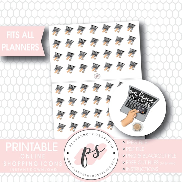 Online Shopping Icons Digital druckbare Planner Aufkleber | JPG/PDF/Free Cut Datei | Bujo Bullet Journal