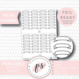 Bujo Bullet Journal Style Banner Headers | Foil Ready Digital Printable Planner Stickers | JPG/PDF/Free Cut File/Black Overlay