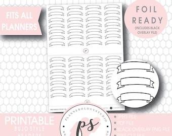 Bujo Bullet Journal Style Banner Headers | Foil Ready Digital Printable Planner Stickers | JPG/PDF/Free Cut File/Black Overlay