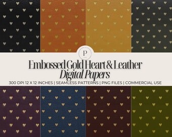 Gold Embossed Hearts on Leather Digital Papers | Luxury Backgrounds | 8 PNG Textures | 12x12 | 300 DPI | Commercial Use | Scrapbooking