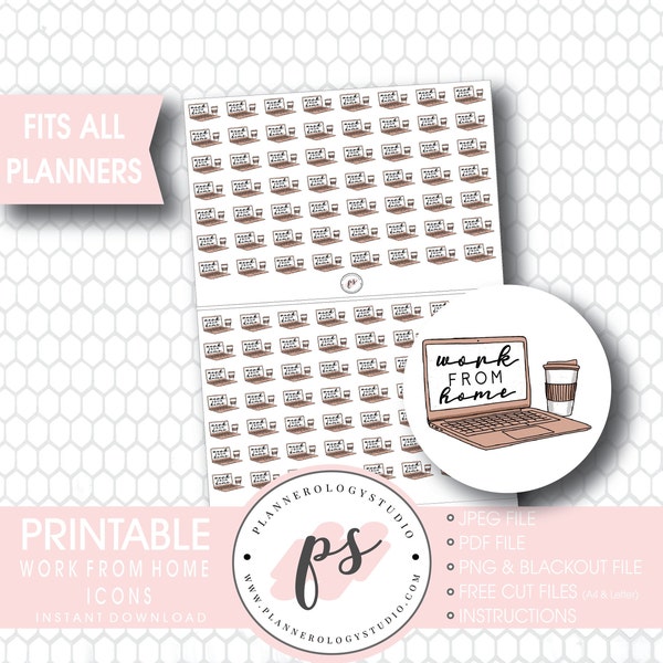 Work From Home Icons Digital Printable Planner Stickers | JPG/PDF/Free Cut File | Bujo Bullet Journal