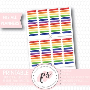 Rainbow Watercolour Brushstroke Headers Digital Printable Planner Stickers JPG/PDF/Silhouette Cut File/Blackout Files image 1