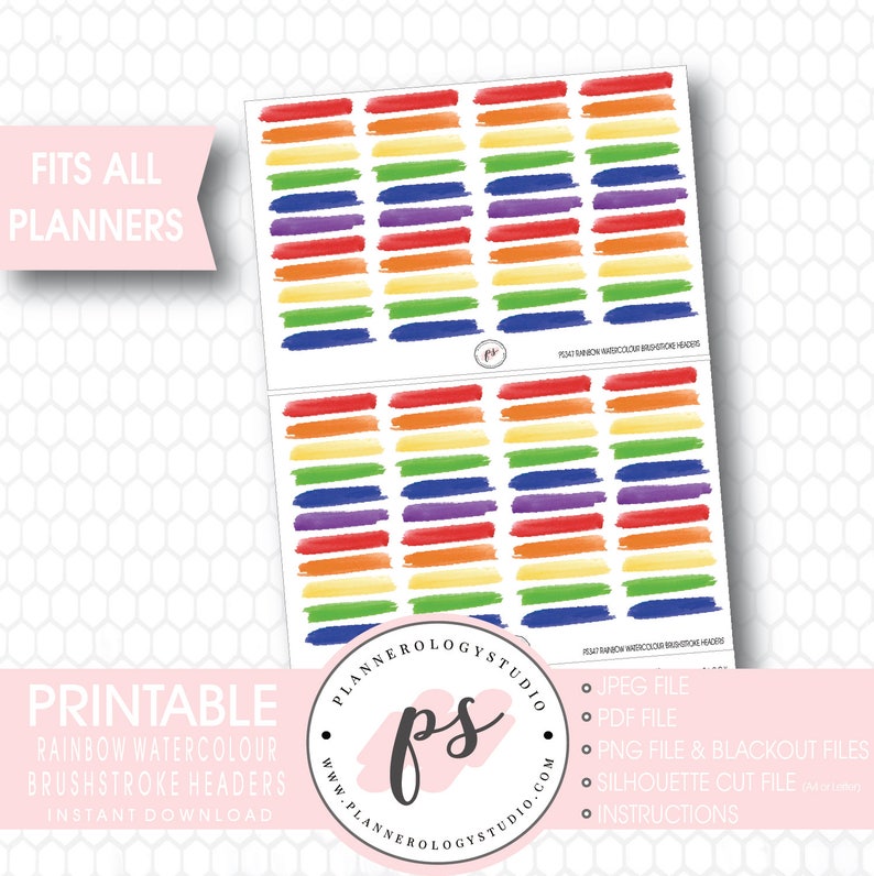 Rainbow Watercolour Brushstroke Headers Digital Printable Planner Stickers JPG/PDF/Silhouette Cut File/Blackout Files image 1