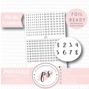 Numbers (1 to 31) Script Foil Ready Digital Printable Planner Stickers | JPG/PDF/Free Cut File/Black Overlay | Bujo Bullet Journal