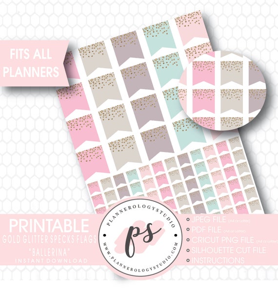 Gold Glitter Specks Flags Printable Planner Stickers | Ballerina | JPG/PDF/Silhouette Compatible Cut Files