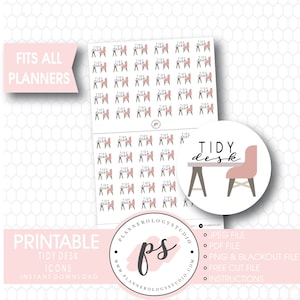 May include: Printable planner stickers featuring a pink desk and chair with the text "TIDY desk". The stickers are designed to fit all planners and are available for instant download.