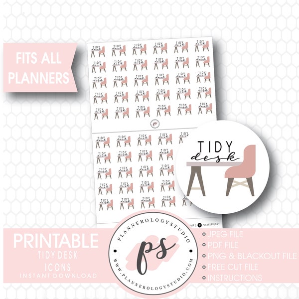 Tidy Desk Script & Icons Digital Printable Planner Stickers | JPG/PDF/Free Cut File/Blackout Files