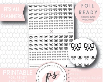 Bow Icon Foil Ready Digital Printable Planner Stickers | JPG/PDF/Free Cut File/Black Overlay