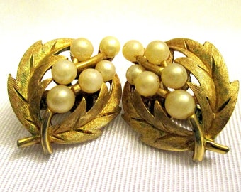 Vintage Crown Trifari Gold Tone Crossed Leaf Faux Pearl Floral Clip Earrings - c1960s