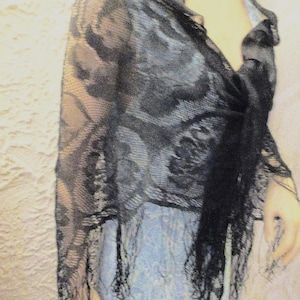 Black Knit Fringe Shawl: Floral Scalopped Edge, Evening Wrap