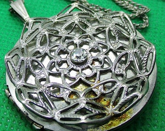 Vintage Silver Tone Locket Necklace: Open Work Rhinestone Pendant